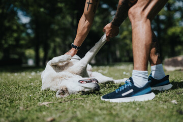 A joyful moment in a park as a fit man with tattoos engages in a playful game of tug of war with a...