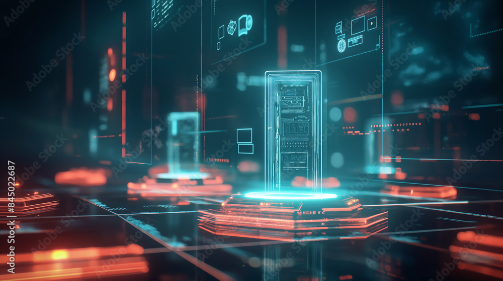 Poster online data backup system virtual display futuristic digital business data management software techn