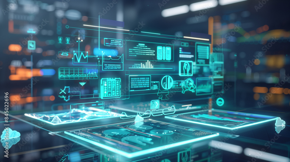 Poster online data backup system virtual display futuristic digital business data management software techn
