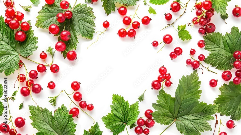 Wall mural red currants and green leaves arrangement separated on a white background without any distractions