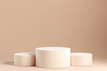 three 3D realistic tiered podium standing on a pastel beige background