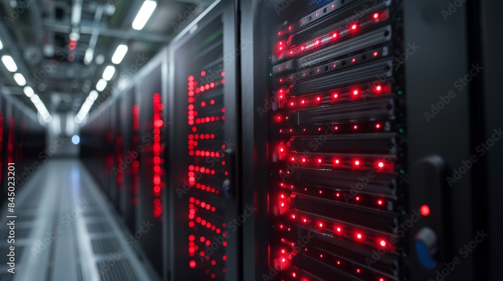 Poster a row of server racks in a data center, with red lights illuminating the network equipment. the imag