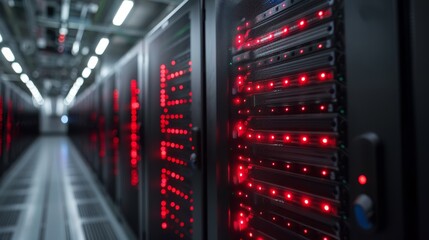 Naklejka premium A row of server racks in a data center, with red lights illuminating the network equipment. The image depicts the infrastructure of modern technology.