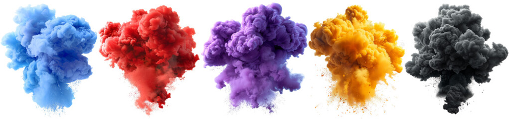 Vibrant colorful smoke clouds of blue, red, purple, orange, and black on white background. Abstract art and creative design concept.