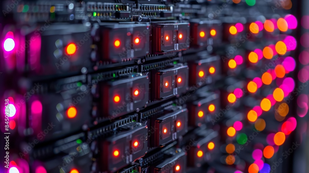 Aufkleber close-up of a server rack with glowing lights, showcasing data processing and technology.
