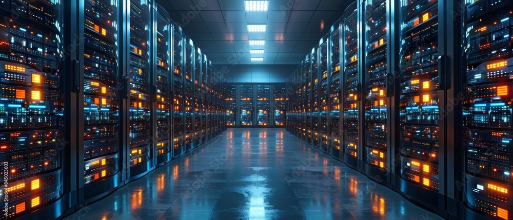 Poster rows of servers in a data center with glowing lights.