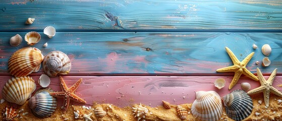 Seashells and starfish scattered on a wooden background.