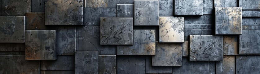 Abstract pattern of overlapping gray square tiles.