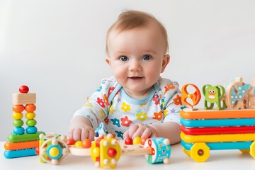 portrait child playing with wooden educational toys