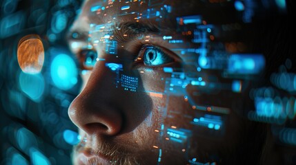 Man being scanned by futuristic hologram technology	
