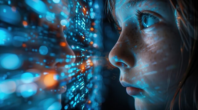 Young child absorbed by technology / AI concept