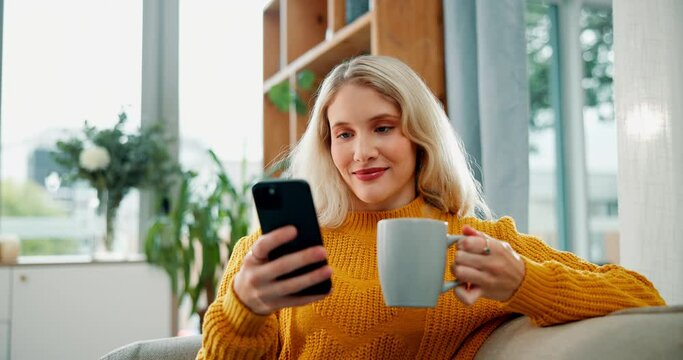 Happy woman, phone and relax with coffee on sofa for morning, social media or online browsing at home. Female person reading news with cup of tea, beverage or drink on mobile smartphone for chatting