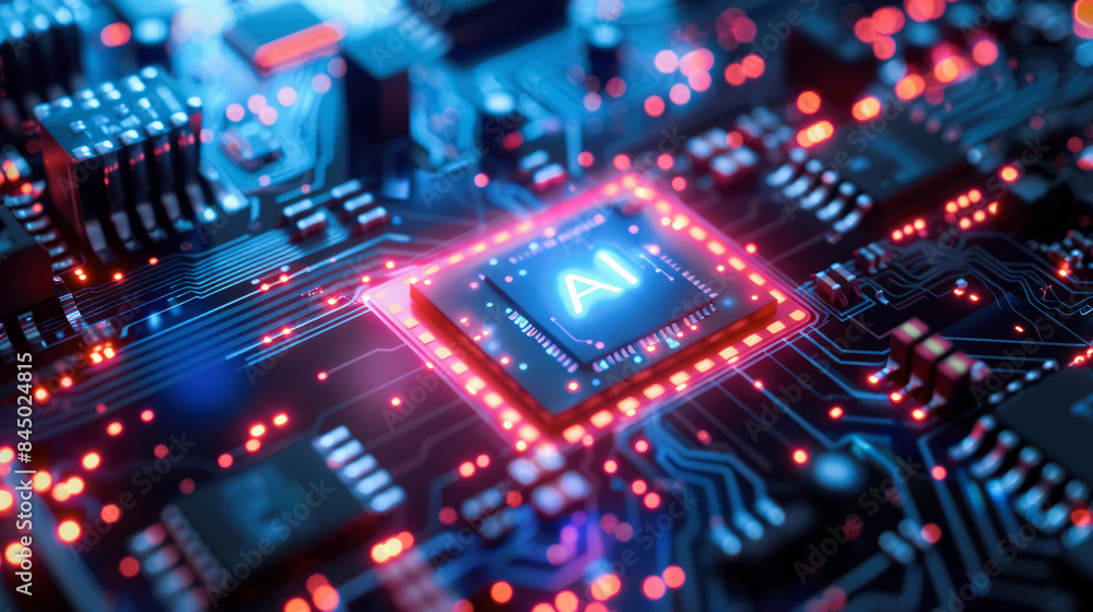 Poster artificial intelligence and ai technology concept processor chip or mother board background llms