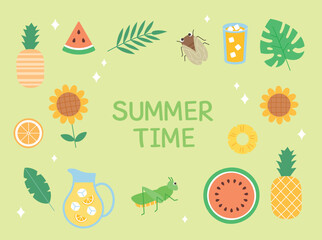 A collection of items that represent summer, including food and insects. vector style illustration.