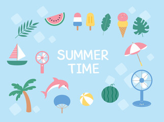 A collection of items for a cool summer holiday. vector style illustration.