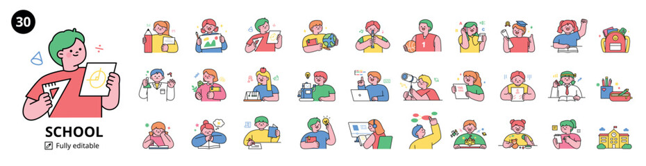 Set of students in school receiving different education. Upper body characters of cute children of elementary school age. outline style illustration.