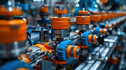 Fototapeta premium Industrial Machinery Close-up of industrial machinery with orange and blue components, highlighting engineering and automation in a modern factory setting, showcasing digital illustration, vibrant co