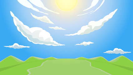 Fototapeta premium beautiful green field clouds blue sky sun. Vector Illustration