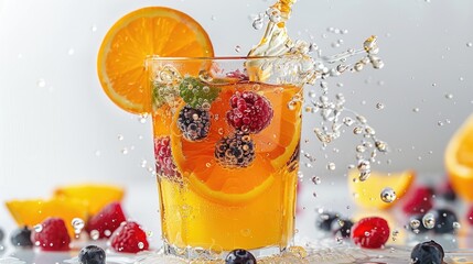 Orange Juice Splash A refreshing splash of orange juice with mixed berries and citrus slices, captured in a glass, evoking vibrancy and freshness on a white background