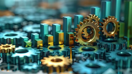 Obraz premium Tech Evolution Gears intertwine with a rising bar graph, representing digital transformation, growth, and innovation in a dynamic blue, green, and gold color scheme