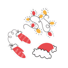 Christmas and New Year set in doodle lineart. Garland, mittens, Christmas hat is ideal for scrapbooking, greeting cards, posters, tag, and a sticker kit.