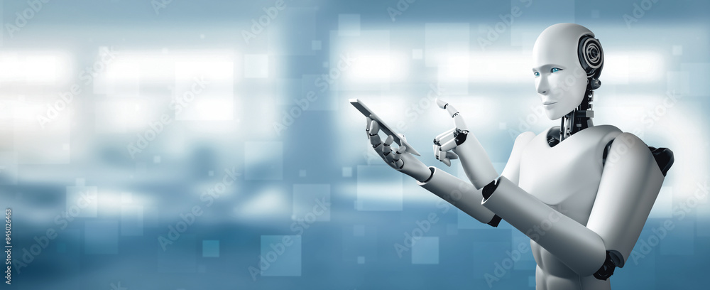 Poster mlp 3d illustration robot humanoid use mobile phone or tablet in future office while using ai thinki