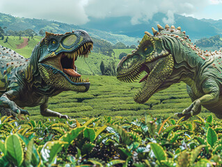 Dinosaurs Reliving History A Stunning Photorealistic Depiction of Dinosaurs Roaming in Verdant Landscapes Amidst Lush Foliage and Serene Mountainous Backgrounds