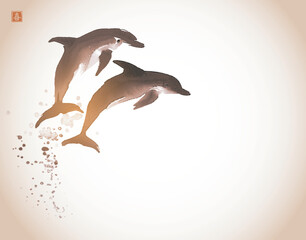 Ink painting with two dolphins in vintage style. Traditional oriental ink painting sumi-e, u-sin, go-hua. Hieroglyph - joy