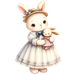 Obraz premium Charming illustration of a cute bunny holding a bunny plush toy on transparent background.