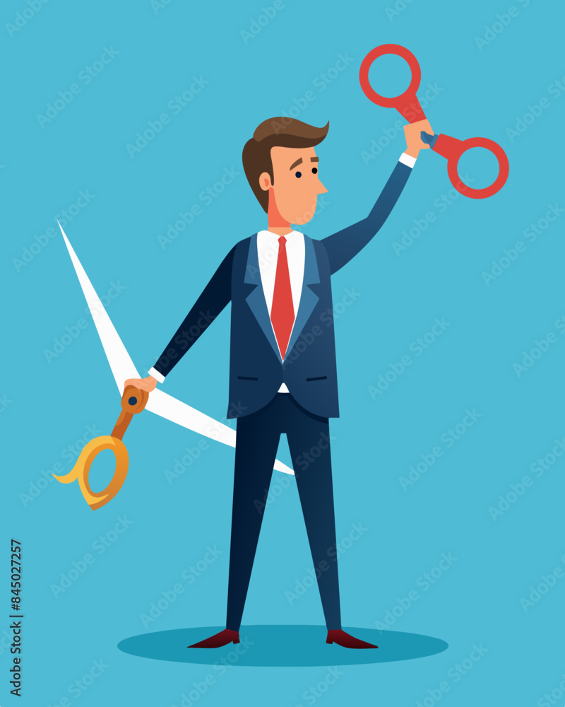 Poster Instead of hiring outside consultants to costs the businessperson takes matters into their own hands and wields a pair of scissors as their weapon of choice.. Vector illustration