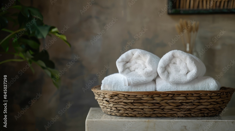 Wall mural White towels arranged in a basket on a table with space for writing - Wall murals