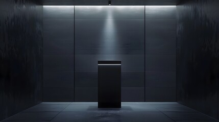 Pedestal of Platform display with black stand podium on dark room background. Blank Exhibition or empty product shelf. 3D rendering. 