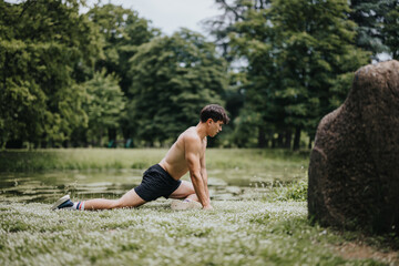 Shirtless young man doing stretches on the grass in a tranquil park setting, promoting fitness and...