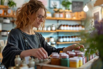 Young woman arranging goods on counter