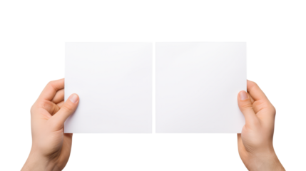 hands holding blank paper isolated on transparent white background, clipping path