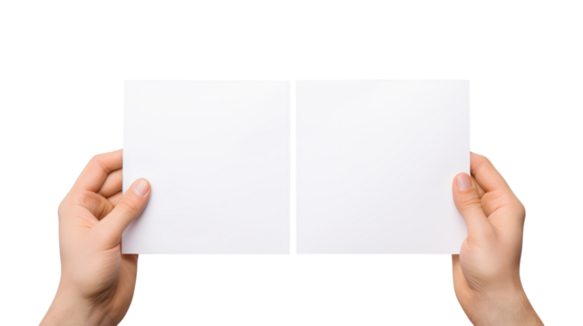 hands holding blank paper isolated on transparent white background, clipping path