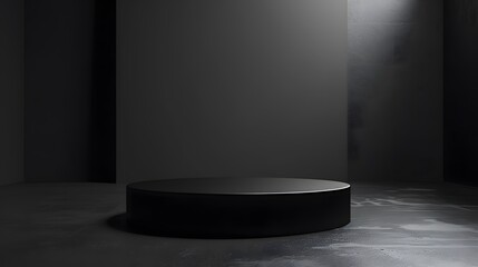 Pedestal of Platform display with black stand podium on dark room background. Blank Exhibition or empty product shelf. 3D rendering. 