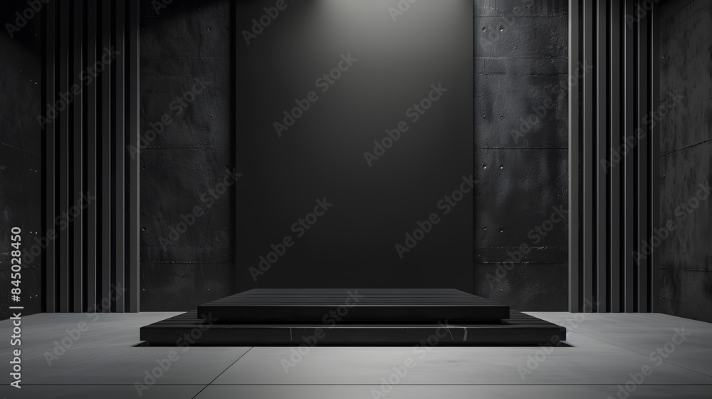 Poster pedestal of platform display with black stand podium on dark room background. blank exhibition or em