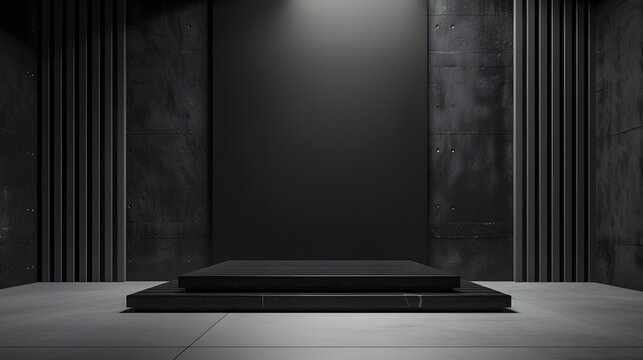 Pedestal of Platform display with black stand podium on dark room background. Blank Exhibition or empty product shelf. 3D rendering. 
