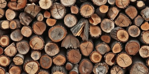 A close-up view of a stack of cut firewood logs, ready for burning in a fireplace or wood stove