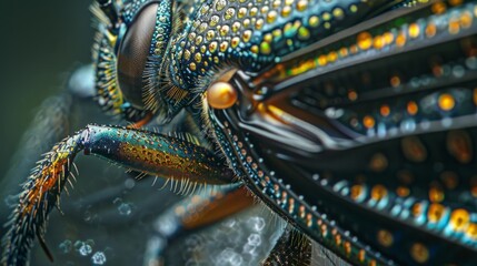 Obraz premium close-up of the thorax, highlighting the details of the wing and leg joints of a bee generative ai