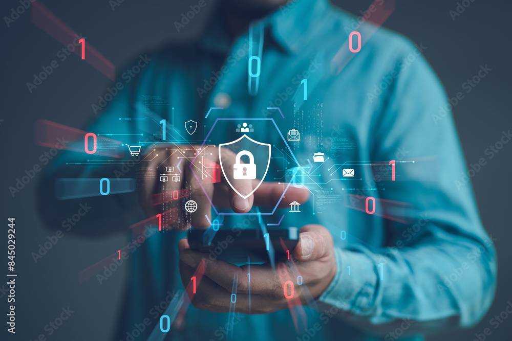 Poster cybersecurity and privacy concepts to protect data. lock icon and internet network security technolo