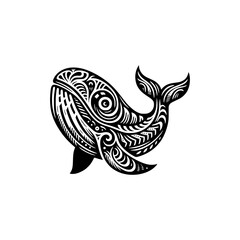 doodle tribal art style black outline of whale fish vector illustration