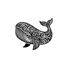 doodle tribal art style black outline of whale fish vector illustration