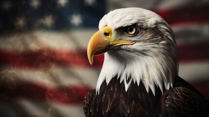 Obraz premium Portrait of an eagle with the American flag in background. american national symbol