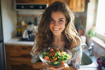 Young woman holding a bowl of fresh vegetable salad, smiling in the kitchen.