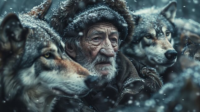 An elderly wolf researcher living among wolves and sharing a great bonding with wolves as his friends , snow falling and winter season , man covered in warm clothing, shaun ellis concept