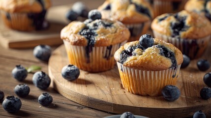 Blueberry Muffins Made at Home Displayed on a Wooden Table