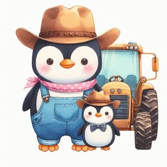 A cute penguin in a cowboy hat and overalls stands with a smaller penguin in front of a tractor.