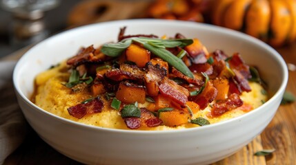 Vegan Italian Dish Polenta with Pumpkin Sage and Bacon in White Bowl